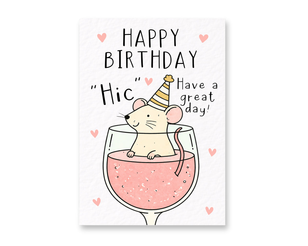 Cute Mouse In Wine Glass Greeting Card For Friend, Prosecco Rose Whimsical Animal Gift