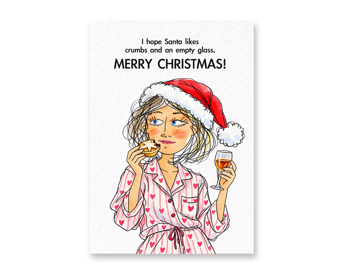 Funny Christmas Card, Festive Wine Lover Greeting, Mince Pie Humour, Cheeky Pyjama Illustration
