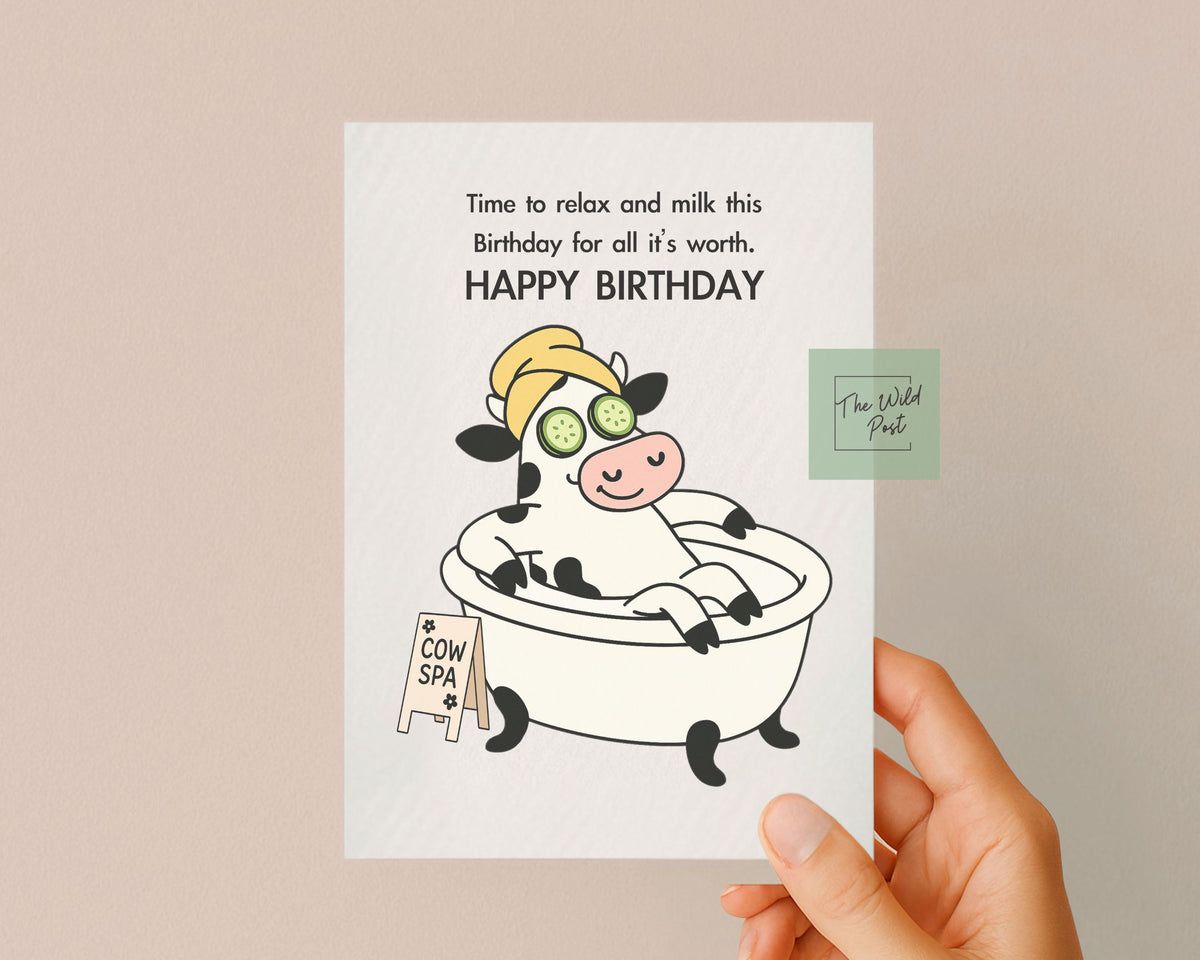 Funny Spa Cow Birthday Card: Humorous Animal Design For Friend, Spa Treatment, Self- Care Greeting Card, Milk Your Birthday, Cute Cow