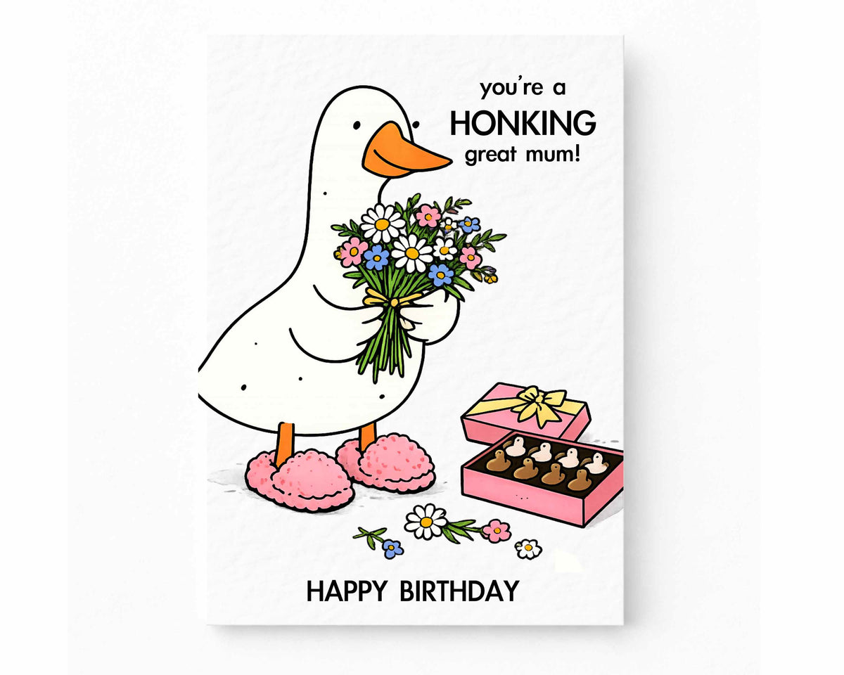 Funny Birthday Goose Greeting Card: You're a Honking Great Mum, Goose Holding Bouquet of Flowers
