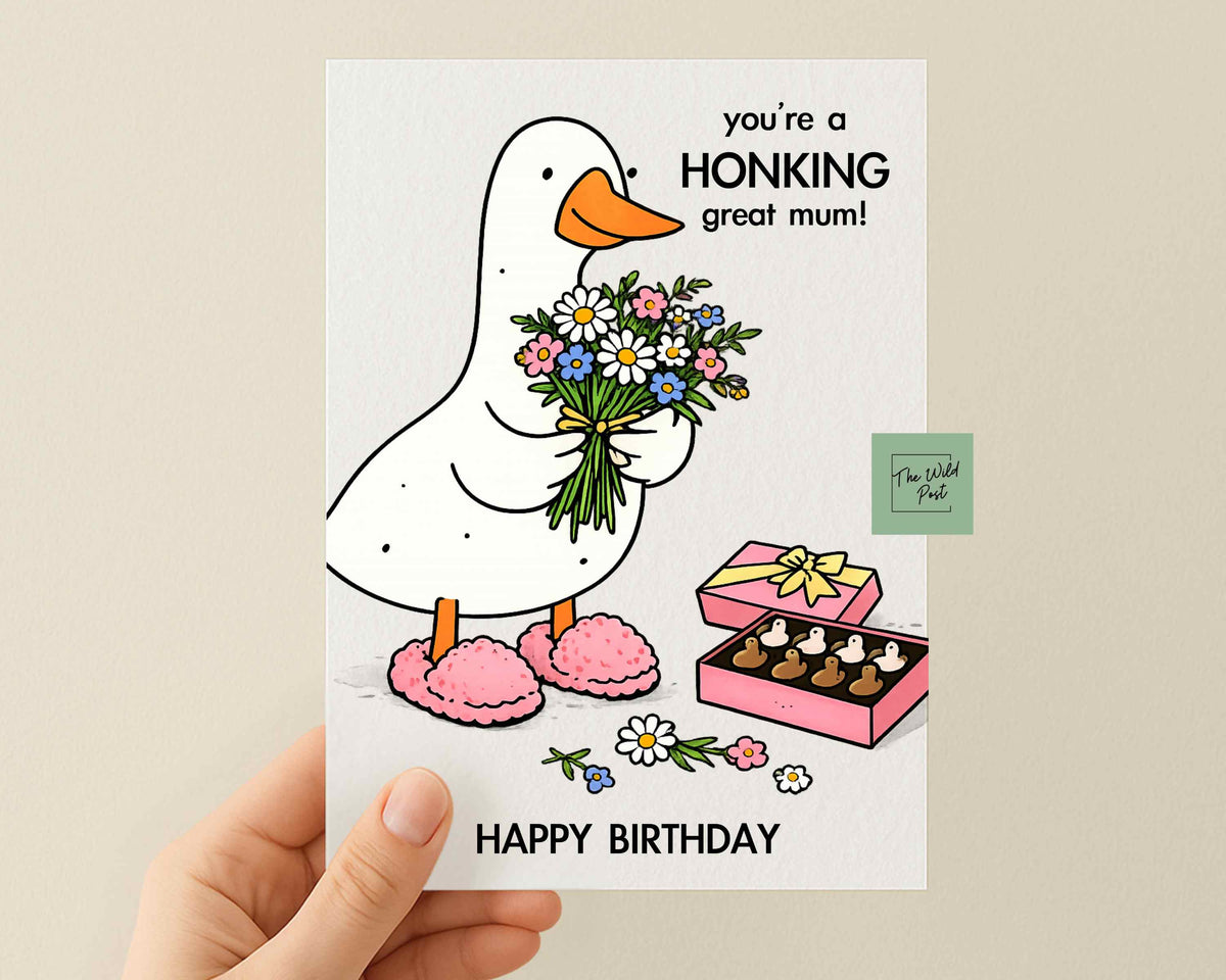 Funny Birthday Goose Greeting Card: You're a Honking Great Mum, Goose Holding Bouquet of Flowers