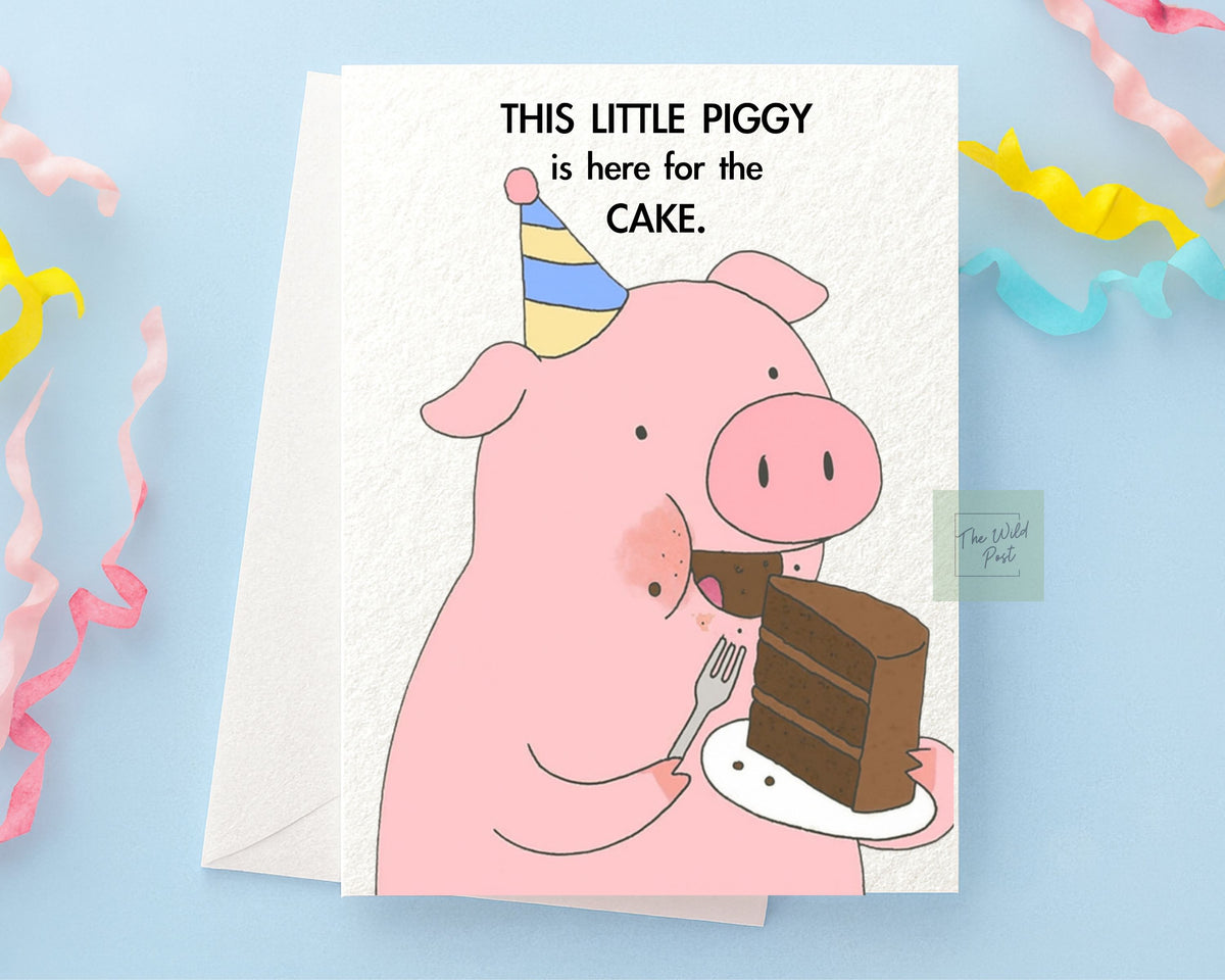 Funny Pig Birthday Card: Cute Funny Pig and Chocolate Cake Humorous Design Greeting Card, Animal Gift