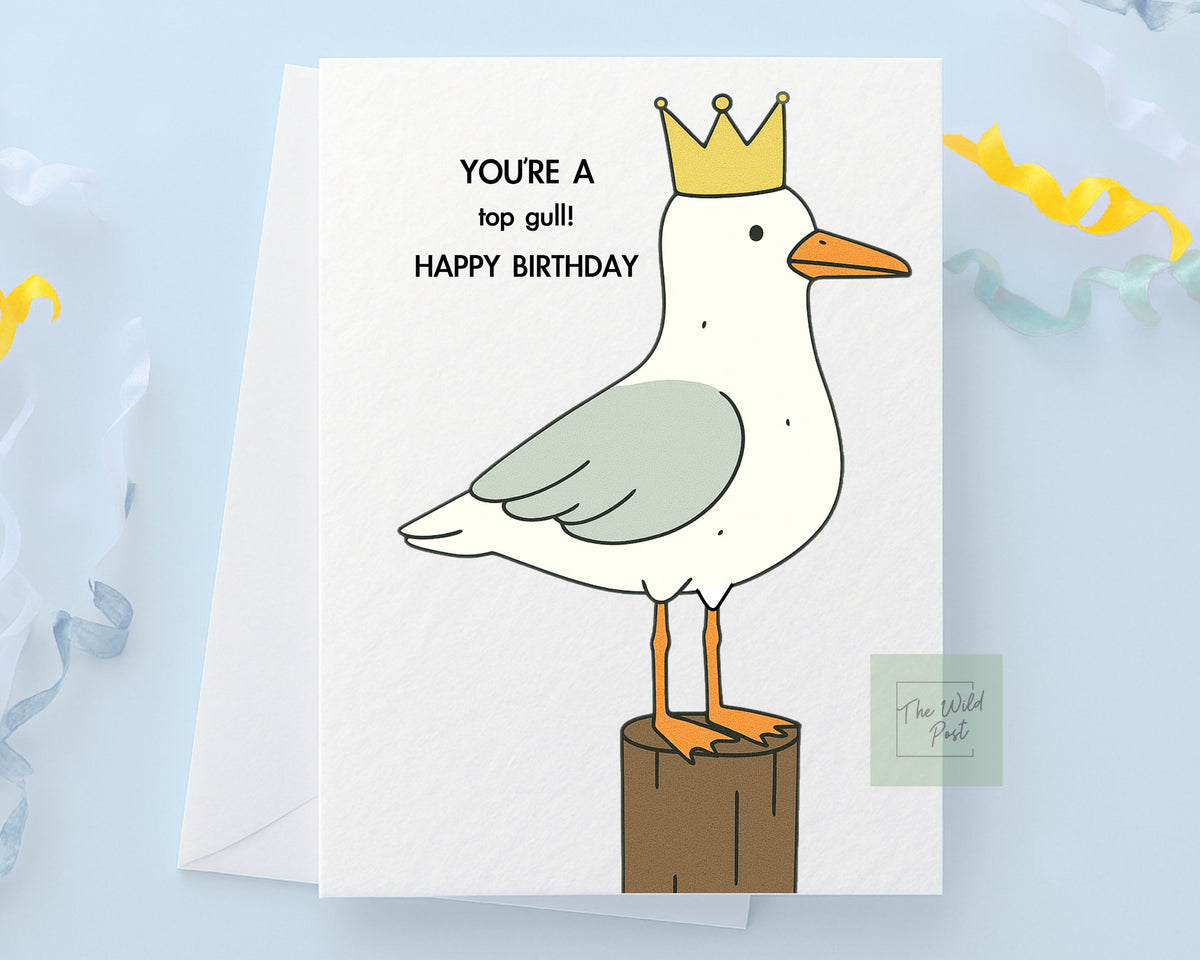 Funny Seagull Birthday Card: You're A Top Gull, Cute Seagull Wearing Crown, Greeting Card For Friend