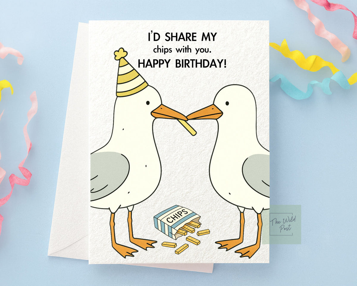 Funny Seagull Birthday Card: Cute Seagulls Sharing Chips Humorous Design