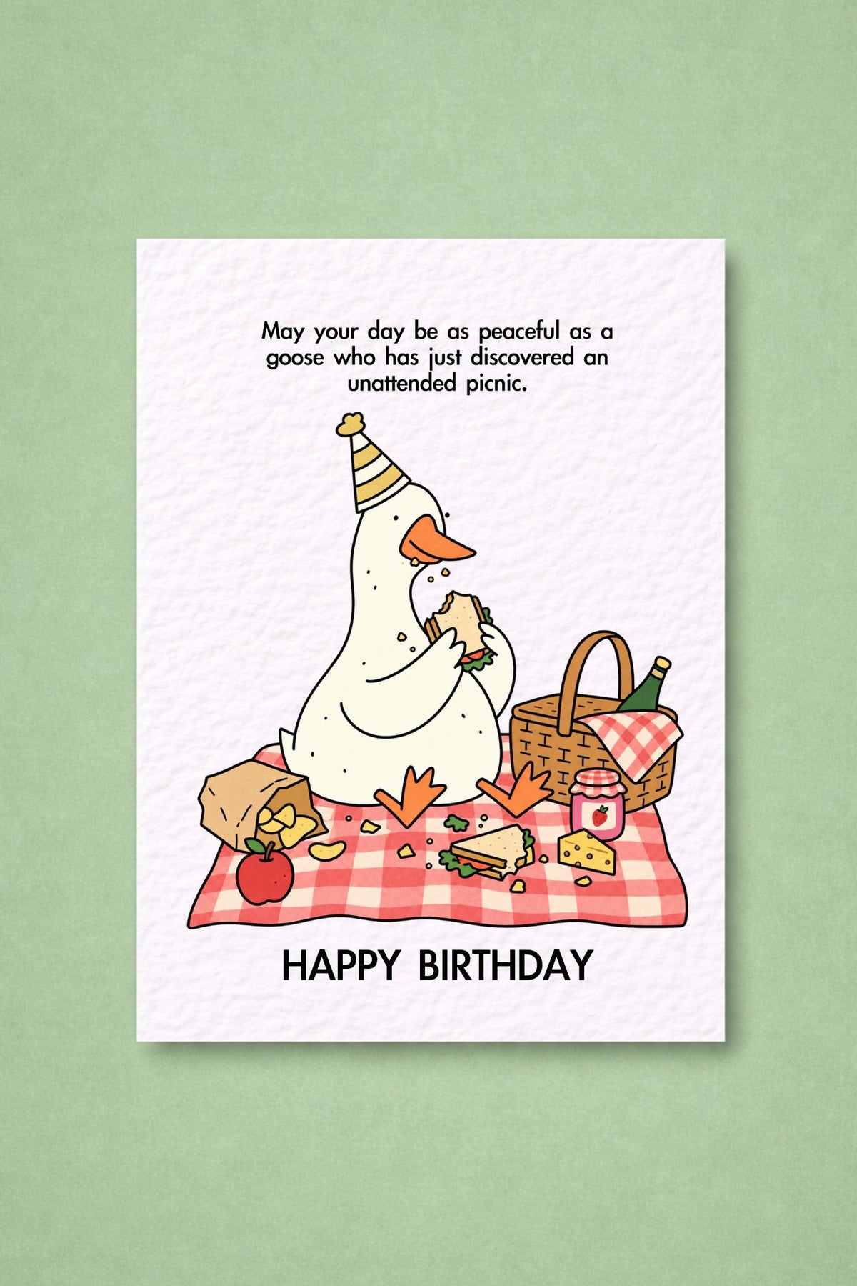 Goose Picnic Birthday Card, Unattended Picnic Humour, Cheerful Celebration, Quirky Bird Design, Food Lover Gift, Fun Cute Surprise