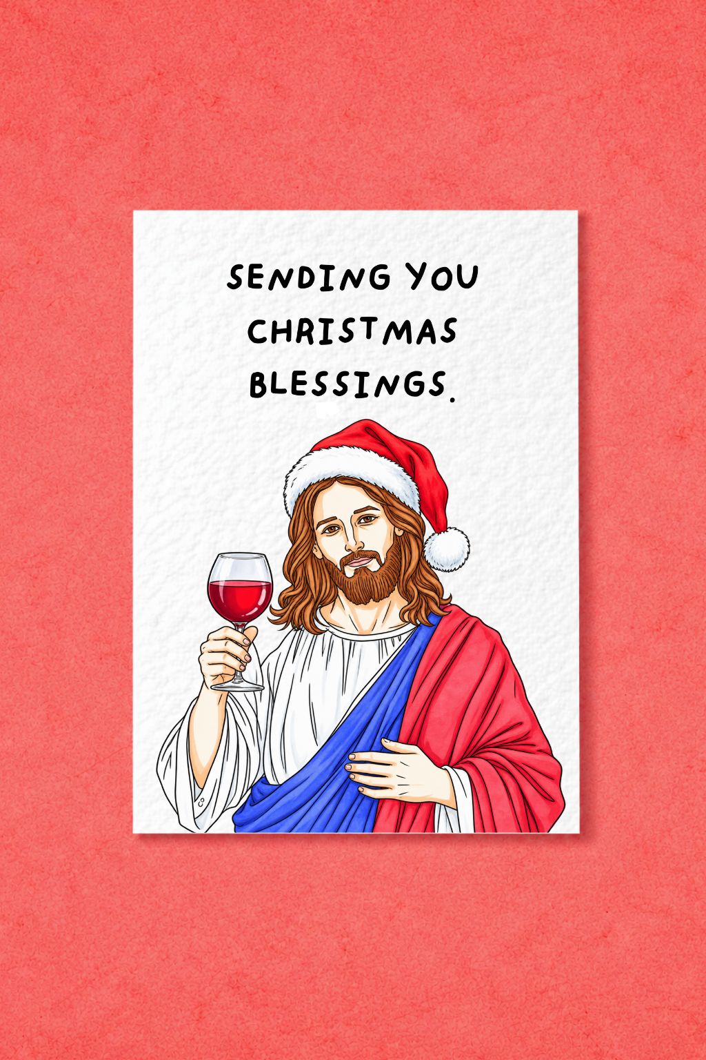 Funny Jesus Christmas Card, Humorous Religious Christmas Greeting, Santa Hat Jesus with Wine, Cheeky Festive Card for Friends and Family