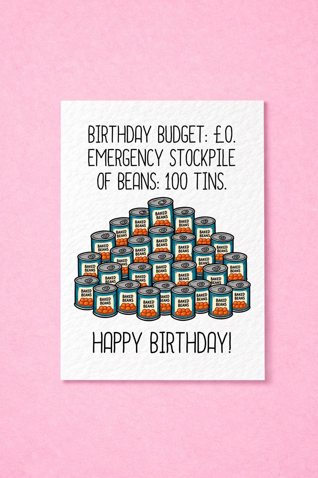 Funny Birthday Card, Emergency Stockpiling Humour, Baked Beans Gag, Quirky Greeting