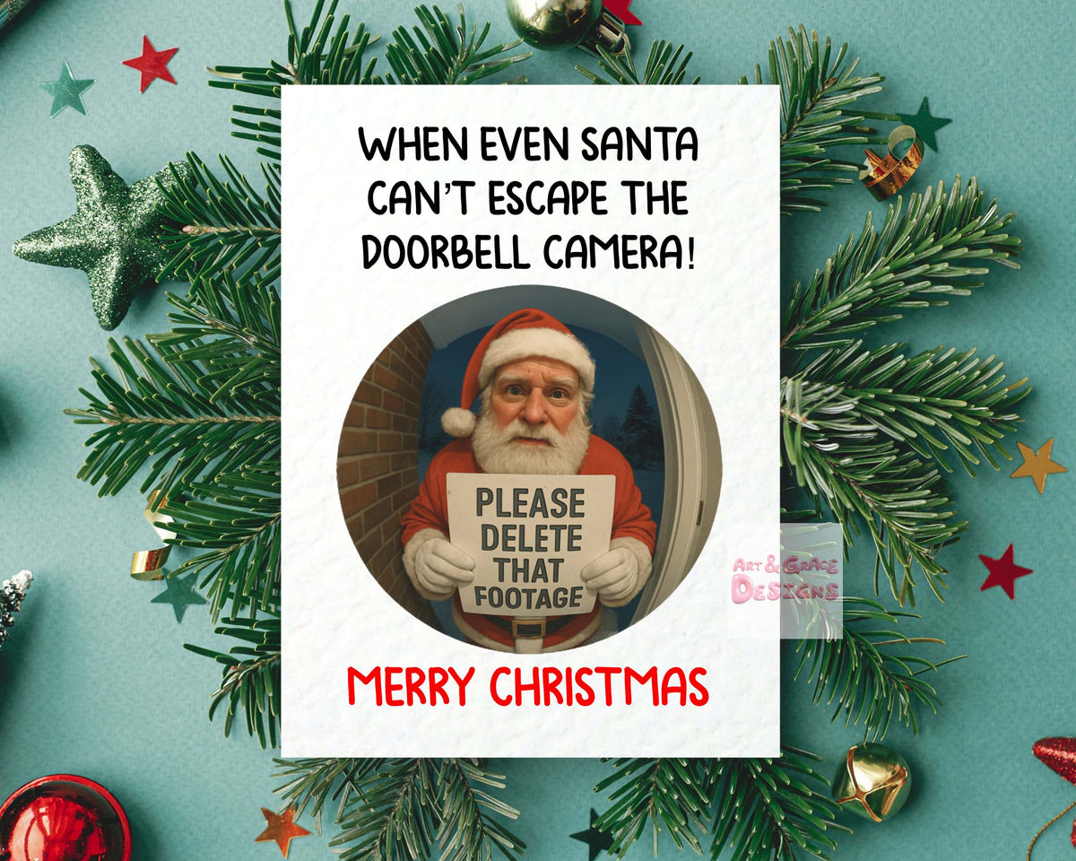 Funny Doorbell Santa Camera Christmas Card, Merry Christmas Card, Home Security Cam Santa Footage Greeting Card