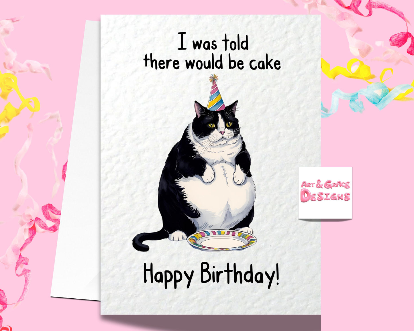 Funny Cat Greeting Card - Happy Birthday - I Was Told There Would Be Cake- Humorous Card - Funny Cat Drawing Birthday Card