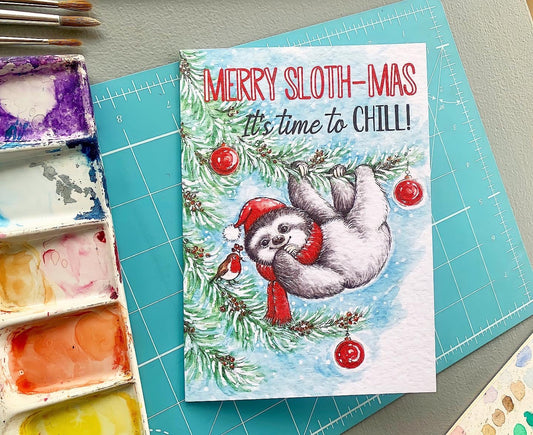 Beautiful Sloth Christmas Card - Merry Sloth-Mas Greeting Card  Christmas Card Pack - Xmas Card - It's Time To Chill!, Season's Greetings