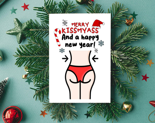 Rude Christmas Card - Kiss My Ass- Funny Christmas Card - Xmas Card - Merry Kissmyass- Funny Greeting Card