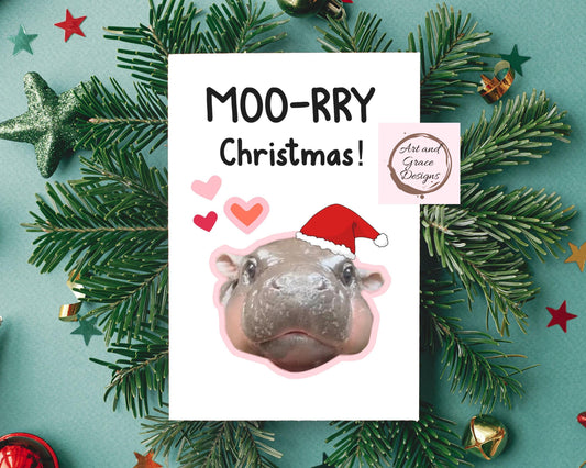 Mood Deng Christmas Card - Viral Hippo Handcrafted Christmas Meme Card- Moory Christmas