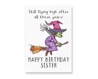 Funny Birthday Card For Sister, Humorous Sibling Gift, Witch On Broom