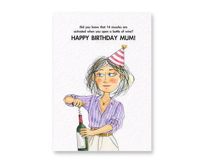 Funny Birthday Card For Mum, Wine Joke Gift, 14 Muscles Activated When Opening A Bottle Of Wine