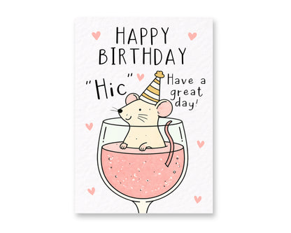 Cute Mouse In Wine Glass Greeting Card For Friend, Prosecco Rose Whimsical Animal Gift