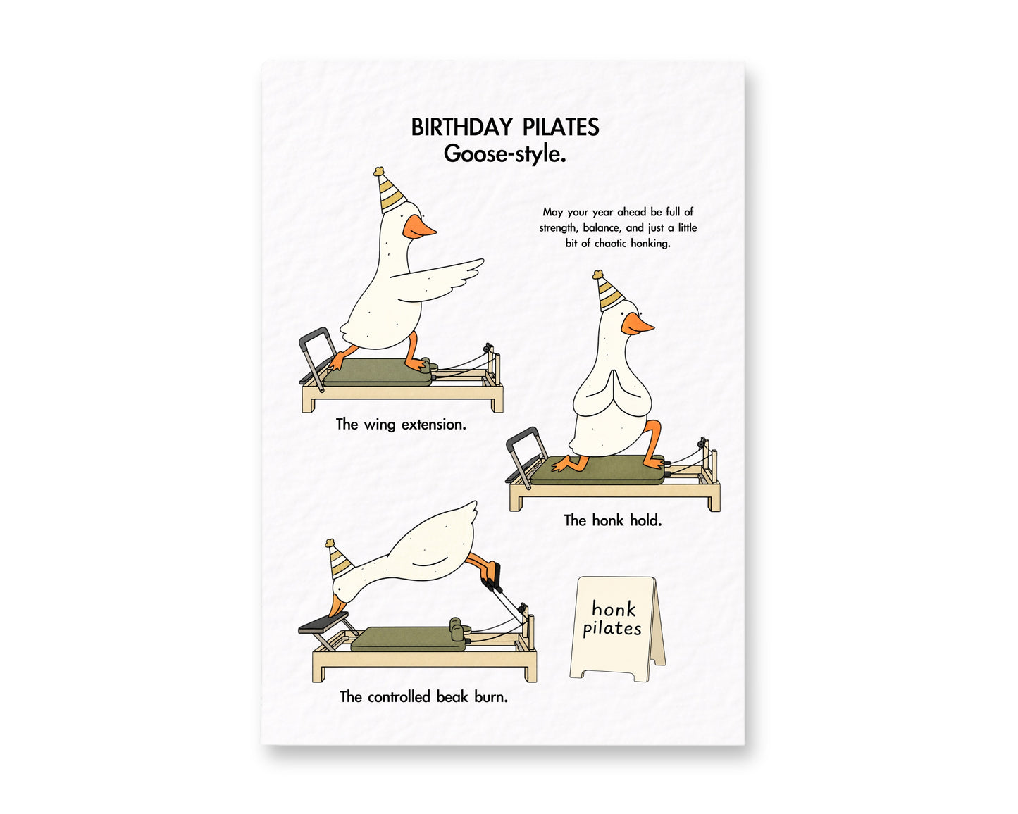 Funny Pilates Goose Birthday Card: Humorous Design For Friend, Pilate Positions Honk Studio Greeting Card
