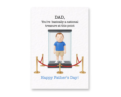 Funny Father’s Day Card For Dads Who Are Basically National Treasures. Cute Clay Figure Design With Museum Display Humour.