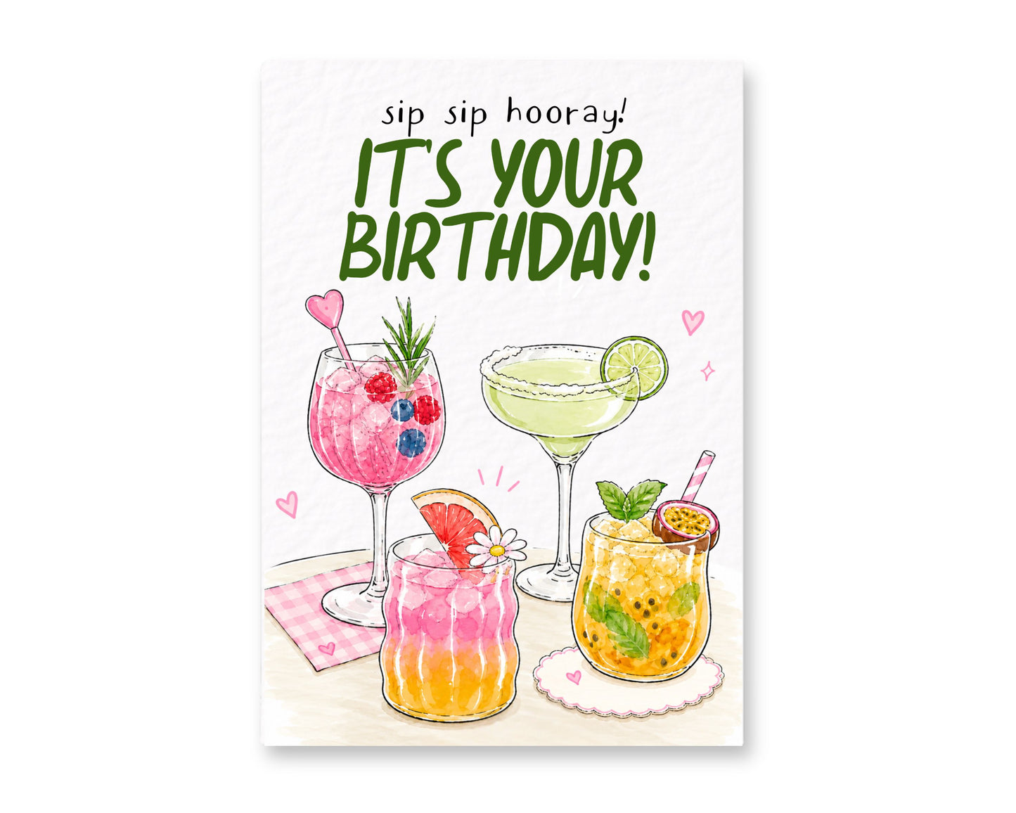 Sip Sip Hooray Birthday Card, Cute Cocktail Greeting for Friend, Sister, Bestie, Her, Fun Drinks Birthday Greeting Card