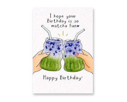 Matcha Birthday Card: Cute Blue And Green Drink Blueberry Ube Greeting Card