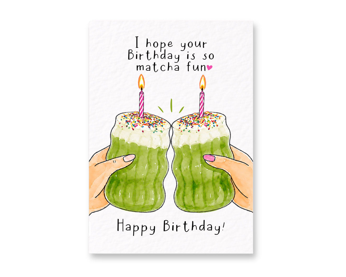 Matcha Birthday Card: Cute Birthday Cake Green Drink With Multicoloured Rainbow Sprinkles And Candle Greeting Gift