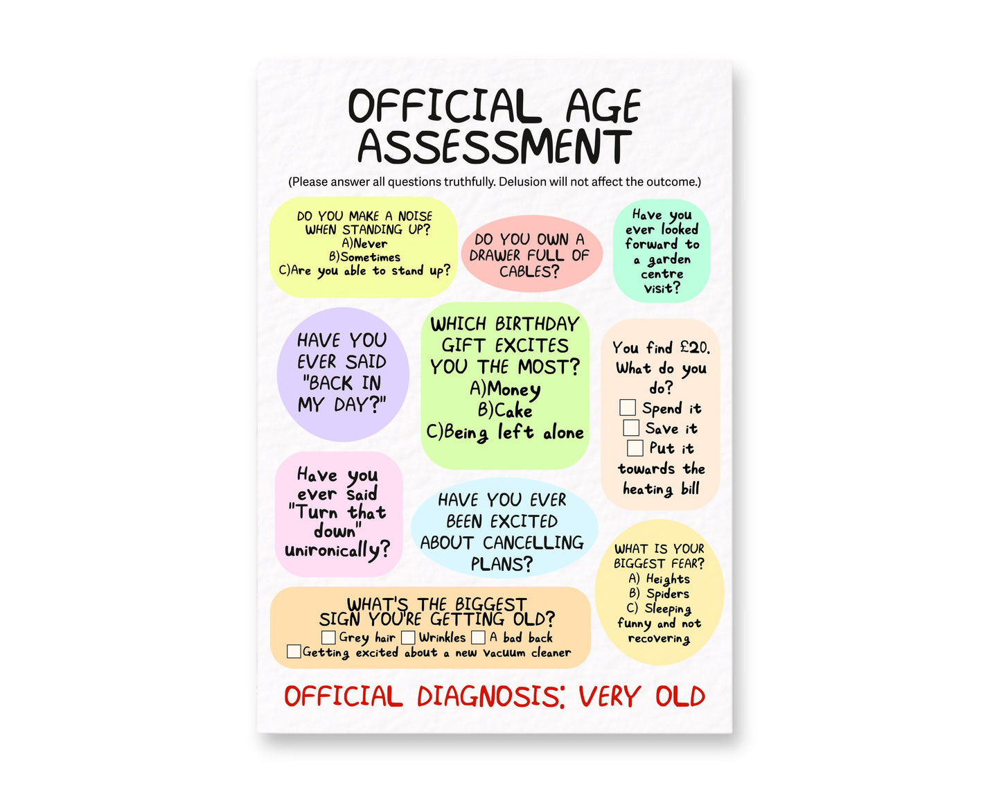 Funny Official Age Assessment Exam Birthday Card, Hilarious Greeting Gift For Friends, Family, Mum, Dad
