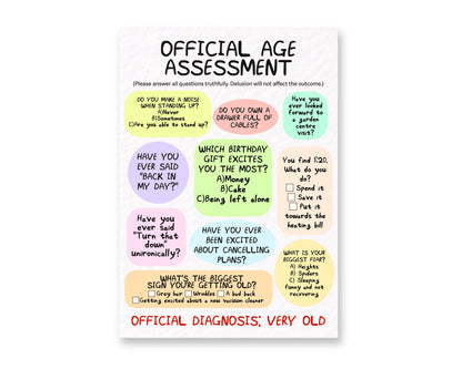 Funny Official Age Assessment Exam Birthday Card, Hilarious Greeting Gift For Friends, Family, Mum, Dad