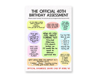 Hilarious 40th Birthday Assessment Card For Friends, Family, Partner, Officially Forty