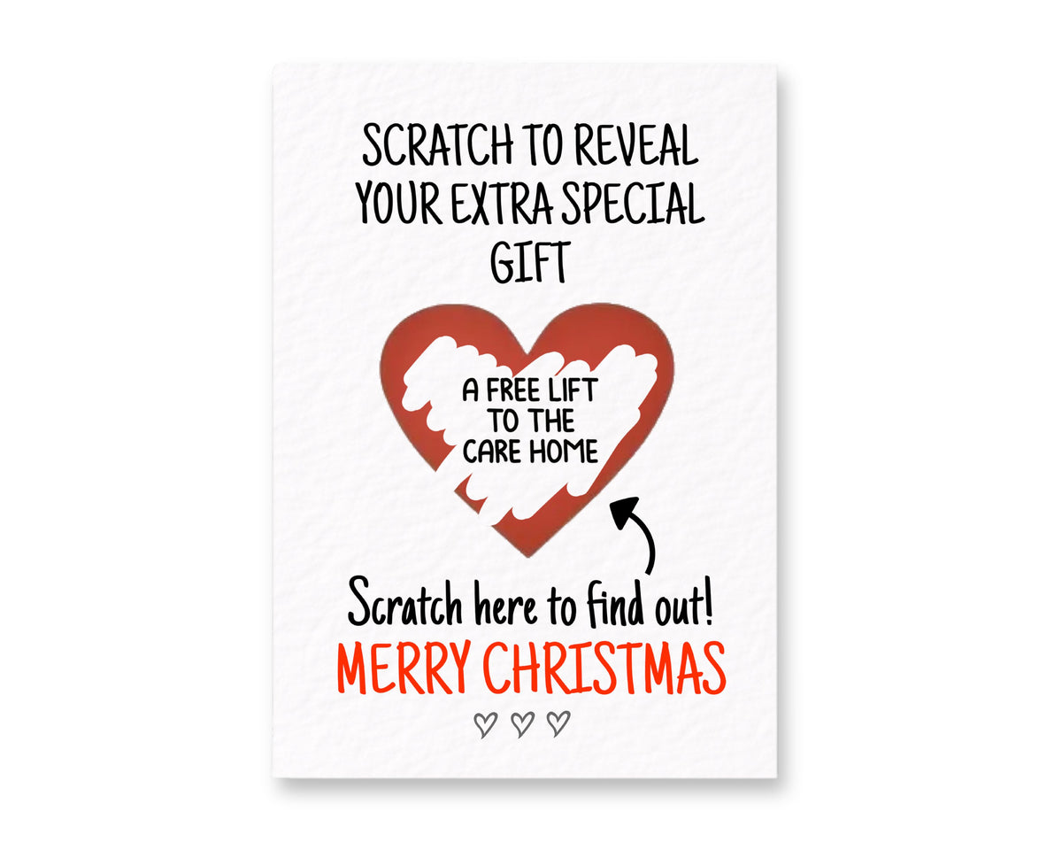 Christmas Funny Surprise Greeting Card, Gift Reveal, Scratch Gift, Free Lift To The Care Home, Grandparents, Parents Seasonal Present
