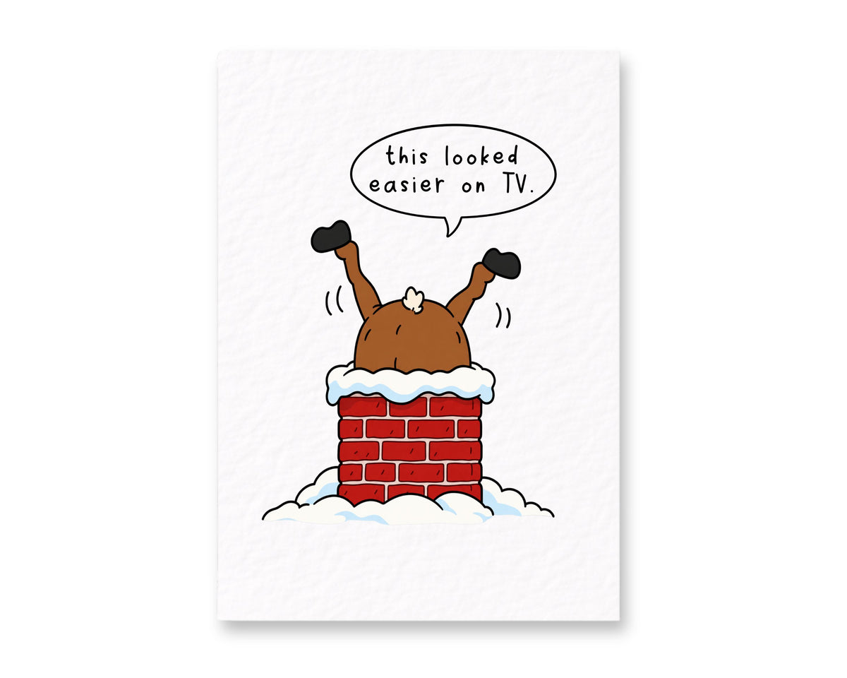 Funny Reindeer Stuck In Chimney, Christmas Greeting Card, Humorous Festive Design, Cheeky Holiday Joke, Playful Seasonal Humour