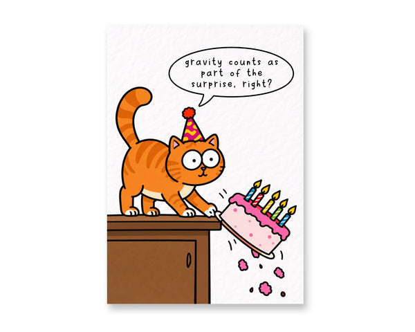 Funny Birthday Greeting Card, Playful Cat Kncoking Cake Off Table Design, Cake Mishap, Quirky Celebration Humour