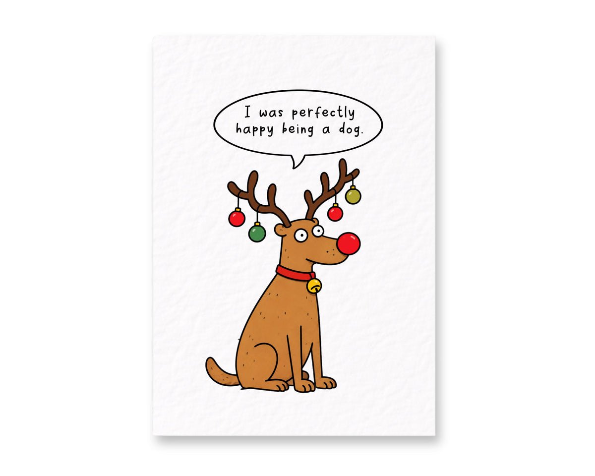 Funny Christmas Greeting Card, Festive Dog Reindeer Design, Playful Holiday Humor, Cute Seasonal Joke