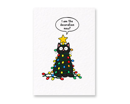 Funny Christmas Greeting Card, Black Cat Wrapped In Colourful Lights, Star Tree Topper, Playful Holiday Scene, Festive Humour