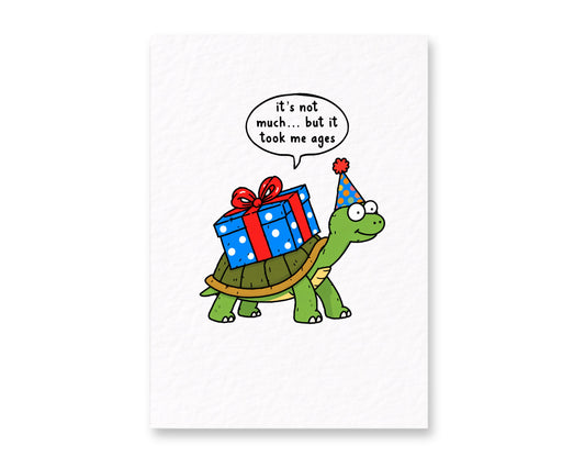 Funny Birthday Greeting Card, Cheerful Turtle Carrying Wrapped Gift, Colourful Party Hat, Playful Celebration Humour