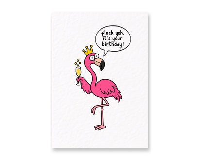 Funny Birthday Greeting Card, Pink Flamingo Wearing Crown, Champagne Celebration, Playful Pun, Festive Party Humor