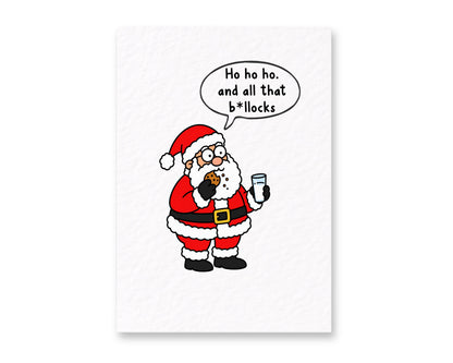 Funny Christmas Greeting Card with Santa Eating a Cookie, Holding a Drink, and Sharing a Cheeky Holiday Pun.