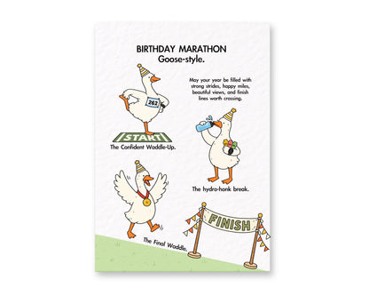 Funny Birthday Marathon Silly Goose Greeting Card For Runners, Relatable Whimsical Animal Gift