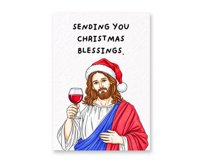 Funny Jesus Christmas Card, Humorous Religious Christmas Greeting, Santa Hat Jesus with Wine, Cheeky Festive Card for Friends and Family