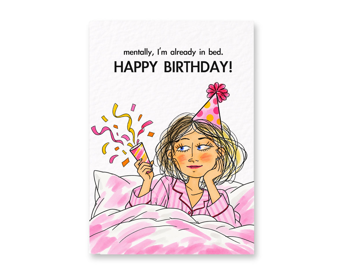 Funny Birthday Card for Her, Introvert Birthday Greeting, Cosy Bed Birthday Humour, Relatable Tired Girl Card Pyjama Party
