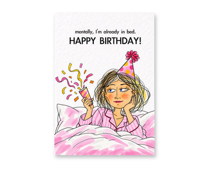Funny Birthday Card for Her, Introvert Birthday Greeting, Cosy Bed Birthday Humour, Relatable Tired Girl Card Pyjama Party