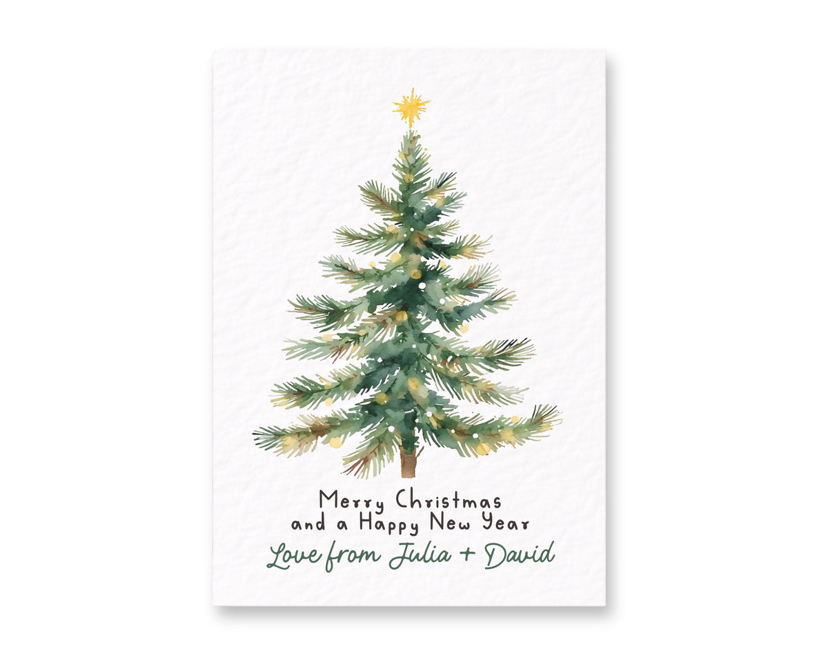 Personalised Christmas Tree Card, Custom Family Greeting, Merry Christmas and Happy New Year, Festive Tree Illustration, Custom Christmas