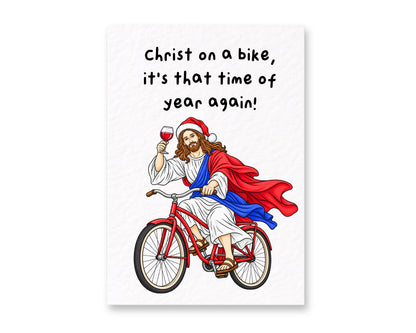Funny Jesus On A Bike Christmas Card, Humorous Religious Christmas Greeting, Santa Hat Jesus with Wine, Cheeky Festive Gift