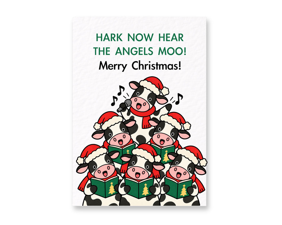 Funny Christmas Cow Card, Festive Animal Pun, Musical Holiday Humour, Christmas Carol Greeting