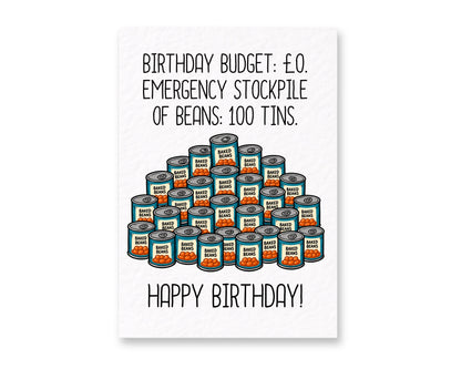 Funny Birthday Card, Emergency Stockpiling Humour, Baked Beans Gag, Quirky Greeting