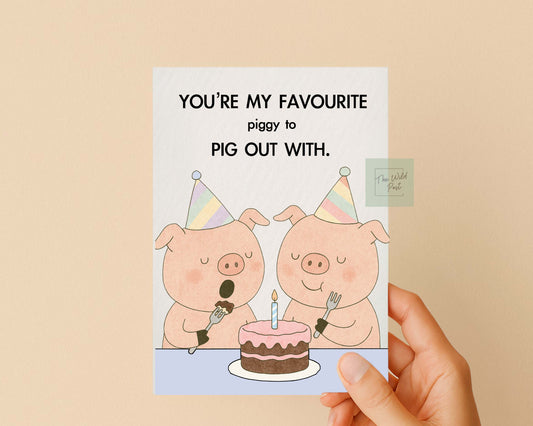Greedy Pig Birthday Card: Cute Funny Piggy and Chocolate Birthday Cake Humorous Design Greeting Card, Animal Gift