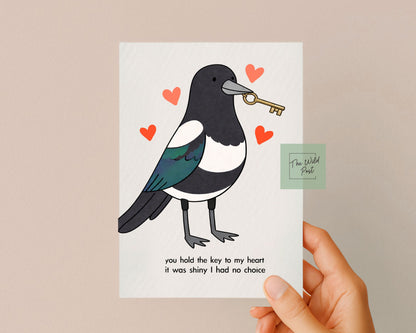 Funny Magpie Greeting Card You Hold The Key To My Heart, Happy Birthday, Funny Card For Friend, Shiny Object, Whimsical Animal