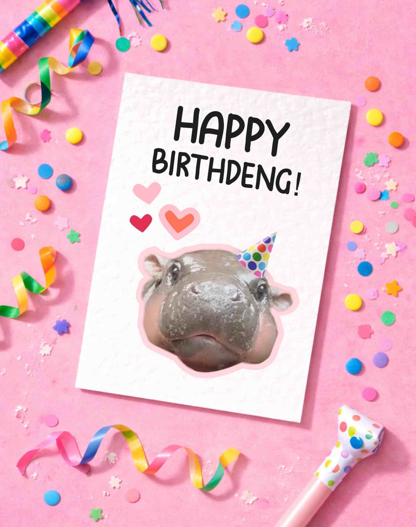 Happy Birthdeng Moo Deng Birthday Card - Viral Hippo Handcrafted Birthday Meme Card