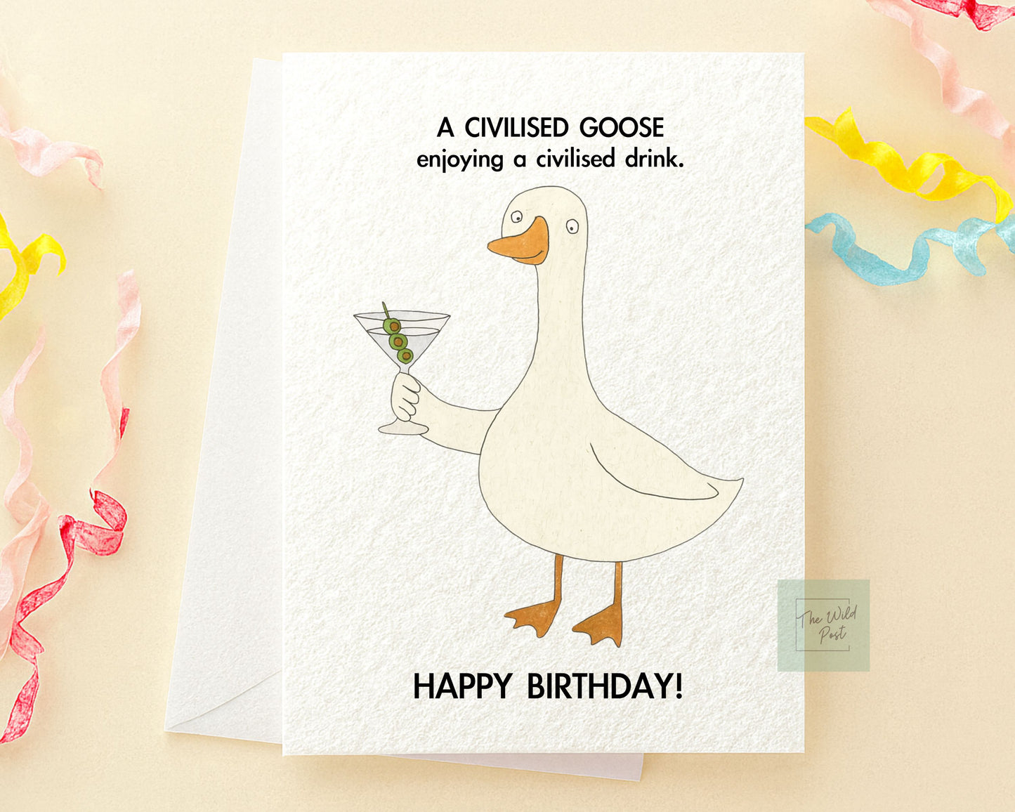 Funny Civilised Goose Birthday Card: Goose Holding Martini Cocktail Drink, Silly Goose Greeting Card
