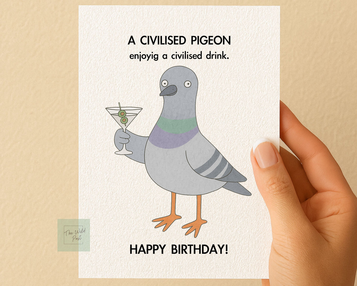 Civilised Pigeon Greeting Card - Happy Birthday - Cute Pigeon - Funny Card For Friend, Martini and Bird Birthday Card