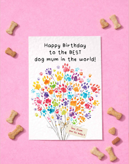 Cute Birthday Card From The Dog, Pet  Birthday Greeting Card, Paw Print Bouquet