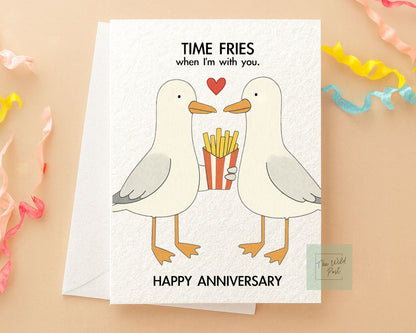Funny Seagull Anniversary Card: Cute Seagulls Sharing Chips Humorous Design, Time Flies When I'm With You